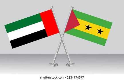 Crossed flags of United Arab Emirates (UAE) and Sao Tome and Principe. Official colors. Correct proportion. Banner design