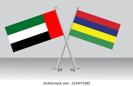 Crossed flags of United Arab Emirates (UAE) and Mauritius. Official colors. Correct proportion. Banner design