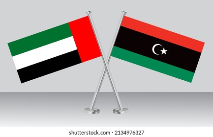 Crossed flags of United Arab Emirates (UAE) and Libya. Official colors. Correct proportion. Banner design