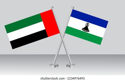 Crossed flags of United Arab Emirates (UAE) and Lesotho. Official colors. Correct proportion. Banner design