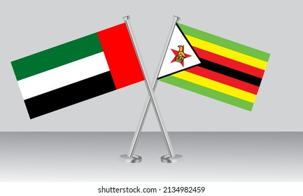 Banderas cruzadas de Emiratos Árabes Unidos (EAU) y Zimbabue. Colores oficiales. Proporción correcta. Diseño de pancartas