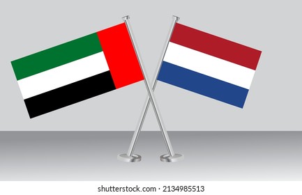 Gekreuzte Flaggen der Vereinigten Arabischen Emirate (VAE) und der Niederlande. Offizielle Farben. Richtiger Anteil. Banner-Design