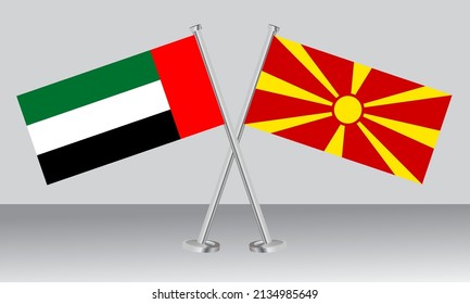 Gekreuzte Flaggen der Vereinigten Arabischen Emirate (VAE) und Nordmakedonien. Offizielle Farben. Richtiger Anteil. Banner-Design