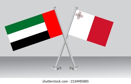 Crossed flags of United Arab Emirates (UAE) and Malta. Official colors. Correct proportion. Banner design