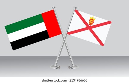 Crossed flags of United Arab Emirates (UAE) and Jersey. Official colors. Correct proportion. Banner design