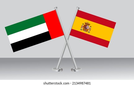 Banderas cruzadas de Emiratos Árabes Unidos (EAU) y España. Colores oficiales. Proporción correcta. Diseño de pancartas