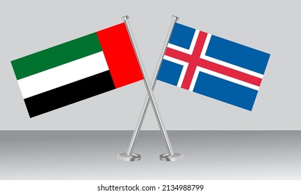 Crossed flags of United Arab Emirates (UAE) and Iceland. Official colors. Correct proportion. Banner design