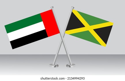 Crossed flags of United Arab Emirates (UAE) and Jamaica. Official colors. Correct proportion. Banner design