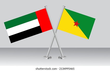 Gekreuzte Flaggen der Vereinigten Arabischen Emirate (VAE) und Französisch-Guayana. Offizielle Farben. Richtiger Anteil. Banner-Design