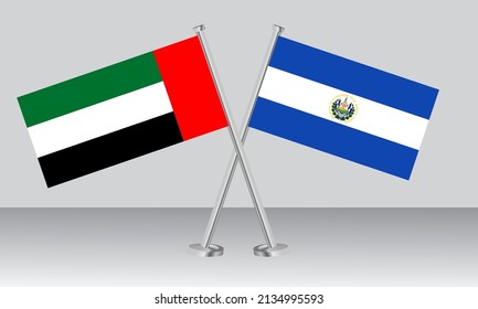 Crossed flags of United Arab Emirates (UAE) and El Salvador. Official colors. Correct proportion. Banner design