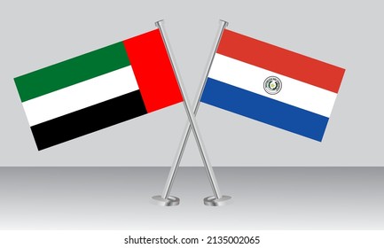 Crossed flags of United Arab Emirates (UAE) and Paraguay. Official colors. Correct proportion. Banner design