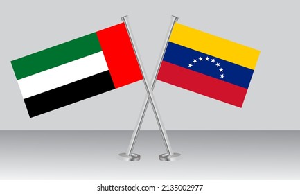 Crossed flags of United Arab Emirates (UAE) and Venezuela. Official colors. Correct proportion. Banner design