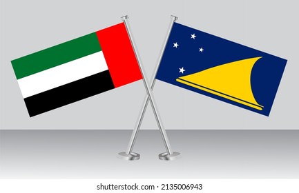 Gekreuzte Flaggen der Vereinigten Arabischen Emirate (VAE) und Tokelaus. Offizielle Farben. Richtiger Anteil. Banner-Design