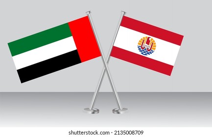 Crossed flags of United Arab Emirates (UAE) and French Polynesia. Official colors. Correct proportion. Banner design