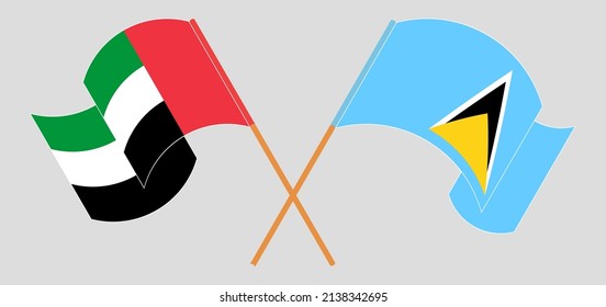 Crossed flags of the United Arab Emirates and Saint Lucia. Official colors. Correct proportion. Vector illustration
