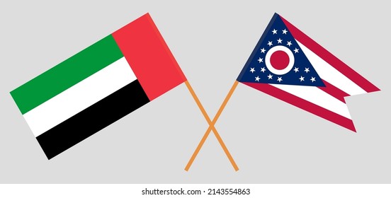 Banderas cruzadas de los Emiratos Árabes Unidos y el Estado de Ohio. Colores oficiales. Proporción correcta. Ilustración del vector
