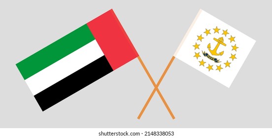 Crossed flags of the United Arab Emirates and the State of Rhode Island. Official colors. Correct proportion. Vector illustration
