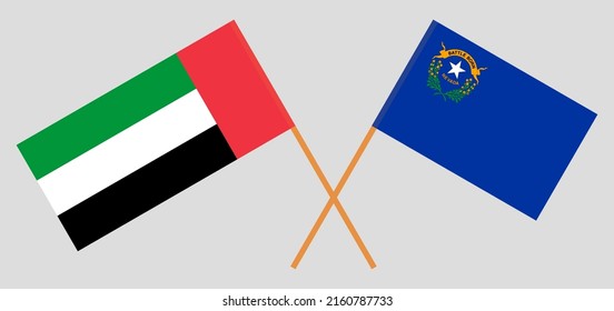 Crossed flags of the United Arab Emirates and The State of Nevada. Official colors. Correct proportion. Vector illustration
