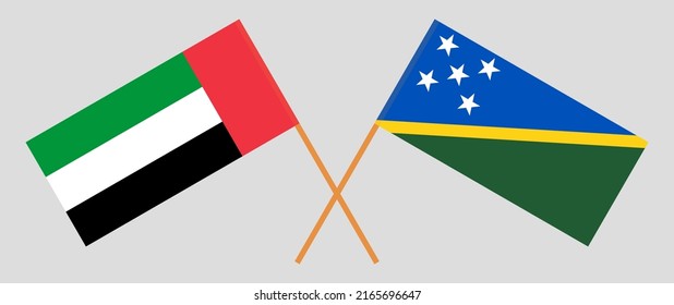 Banderas cruzadas de los Emiratos Árabes Unidos y las Islas Salomón. Colores oficiales. Proporción correcta. Ilustración del vector

