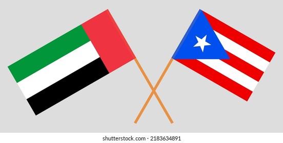Crossed flags of the United Arab Emirates and Puerto Rico. Official colors. Correct proportion. Vector illustration
