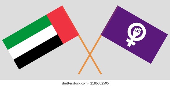 Crossed flags of the United Arab Emirates and Feminism. Official colors. Correct proportion. Vector illustration
