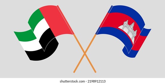 Banderas cruzadas de los Emiratos Árabes Unidos y Camboya. Colores oficiales. Proporción correcta. Ilustración del vector
