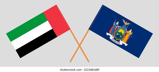 Banderas cruzadas de los Emiratos Árabes Unidos y el Estado de Nueva York. Colores oficiales. Proporción correcta. Ilustración del vector
