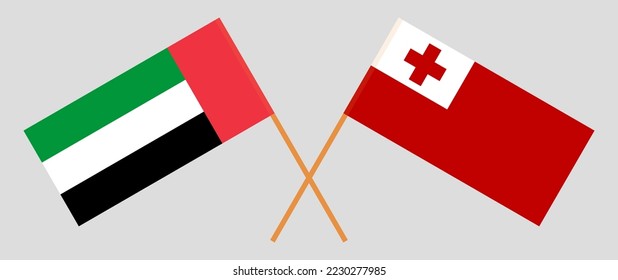Banderas cruzadas de los Emiratos Árabes Unidos y Tonga. Colores oficiales. Proporción correcta. Ilustración del vector
