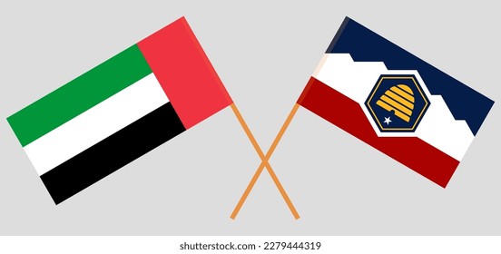 Gekreuzte Flaggen der Vereinigten Arabischen Emirate und des Staates Utah. Offizielle Farben. Richtiger Anteil. Vektorgrafik