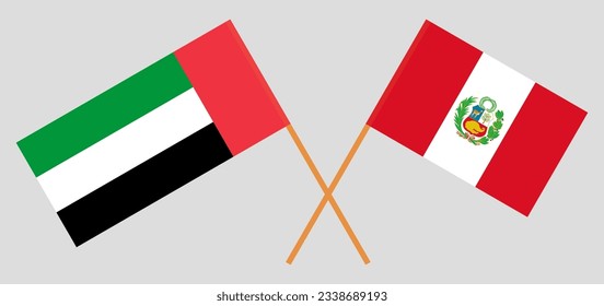 Crossed flags of the United Arab Emirates and Peru. Official colors. Correct proportion. Vector illustration
