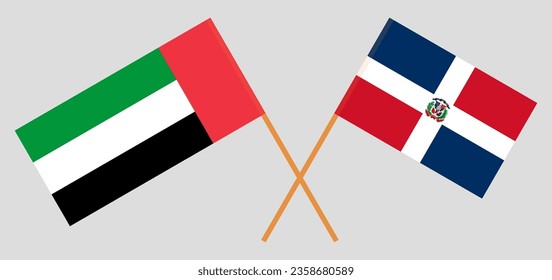 Crossed flags of the United Arab Emirates and Dominican Republic. Official colors. Correct proportion. Vector illustration
