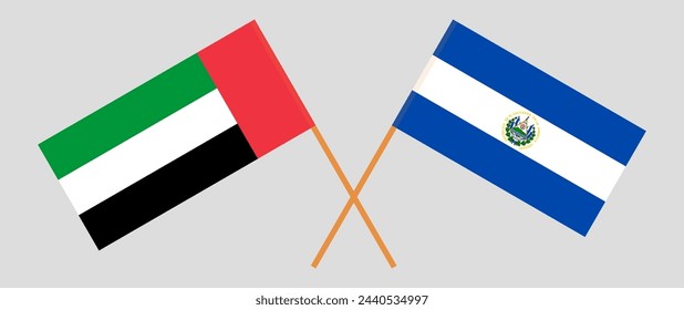 Crossed flags of the United Arab Emirates and El Salvador. Official colors. Correct proportion. Vector illustration
