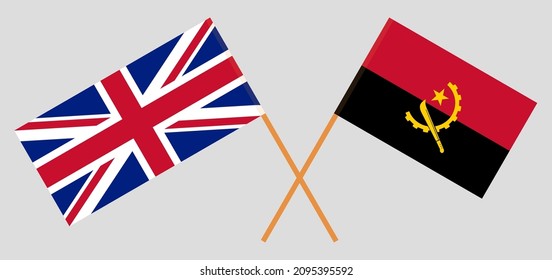 Crossed flags of United Kingdom and Angola. Official colors. Correct proportion. Vector illustration
