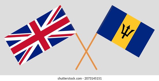 Crossed flags of United Kingdom and Barbados. Official colors. Correct proportion