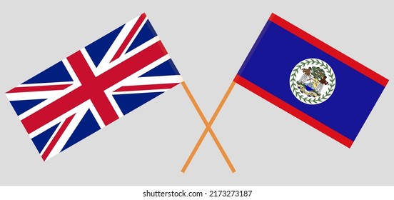 Crossed flags of United Kingdom and Belize. Official colors. Correct proportion. Vector illustration
