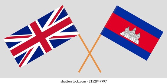 Crossed flags of United Kingdom and Cambodia. Official colors. Correct proportion. Vector illustration
