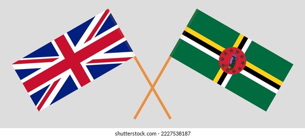 Crossed flags of United Kingdom and Dominica. Official colors. Correct proportion. Vector illustration
