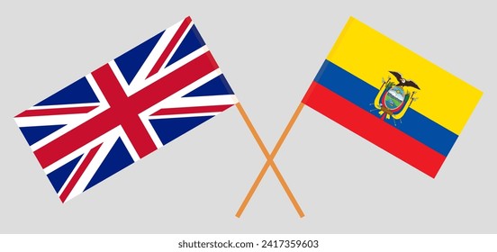 Crossed flags of United Kingdom and Ecuador. Official colors. Correct proportion. Vector illustration

