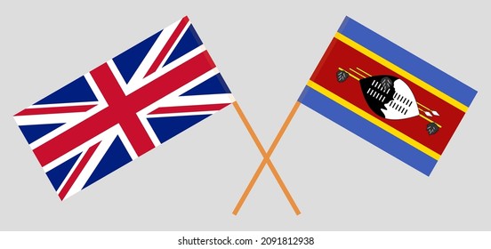 Crossed flags of United Kingdom and Eswatini. Official colors. Correct proportion. Vector illustration
