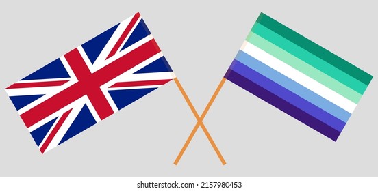 Crossed flags of United Kingdom and gay men pride. Official colors. Correct proportion. Vector illustration
