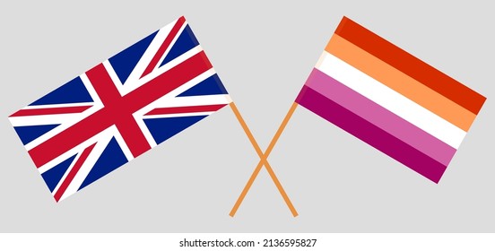 Crossed flags of United Kingdom and Lesbian Pride. Official colors. Correct proportion. Vector illustration