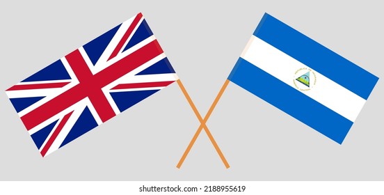 Crossed flags of United Kingdom and Nicaragua. Official colors. Correct proportion. Vector illustration
