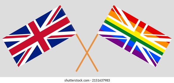 Crossed flags of United Kingdom and Rainbow Union Jack. Official colors. Correct proportion. Vector illustration