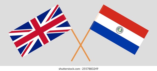 Crossed flags of United Kingdom and Republic of Paraguay. Official colors. Correct proportion. Vector illustration.
