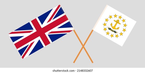 Banderas cruzadas del Reino Unido y del Estado de la isla de Rhode. Colores oficiales. Proporción correcta. Ilustración del vector

