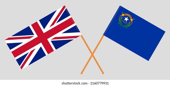 Banderas cruzadas del Reino Unido y del Estado de Nevada. Colores oficiales. Proporción correcta. Ilustración del vector
