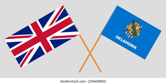 Crossed flags of United Kingdom and The State of Oklahoma. Official colors. Correct proportion. Vector illustration
