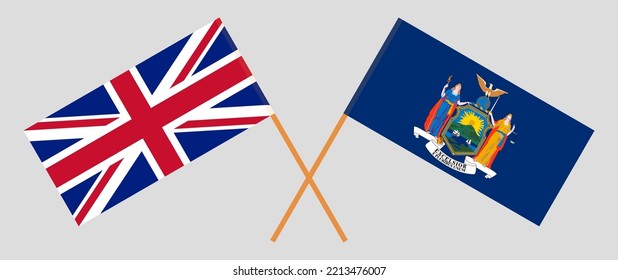 Crossed flags of United Kingdom and The State of New York. Official colors. Correct proportion. Vector illustration
