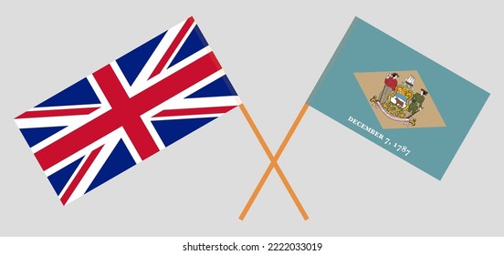 Crossed flags of United Kingdom and The State of Delaware. Official colors. Correct proportion. Vector illustration
