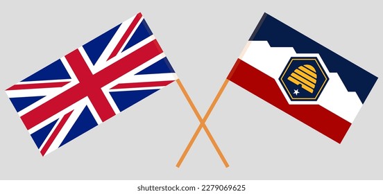 Crossed flags of United Kingdom and The State of Utah. Official colors. Correct proportion. Vector illustration